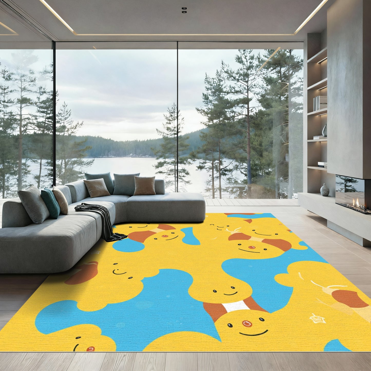 Cheery Yellow Blob Character Collage Rug