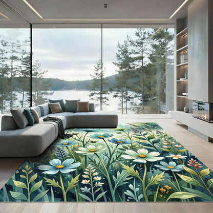 Watercolor Blue Wildflower Meadow Botanical Rug