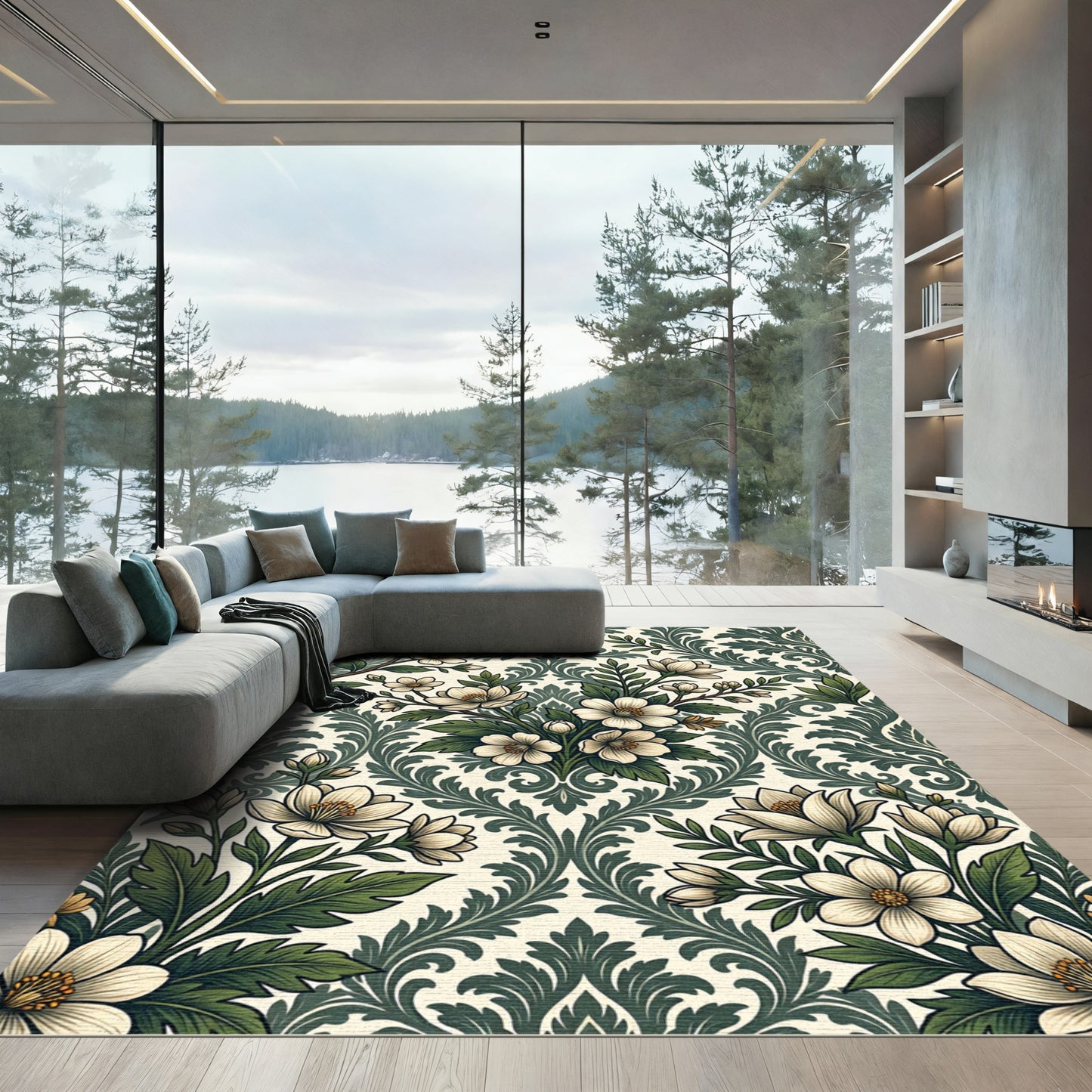 Sage Floral Damask Botanical Art Rug