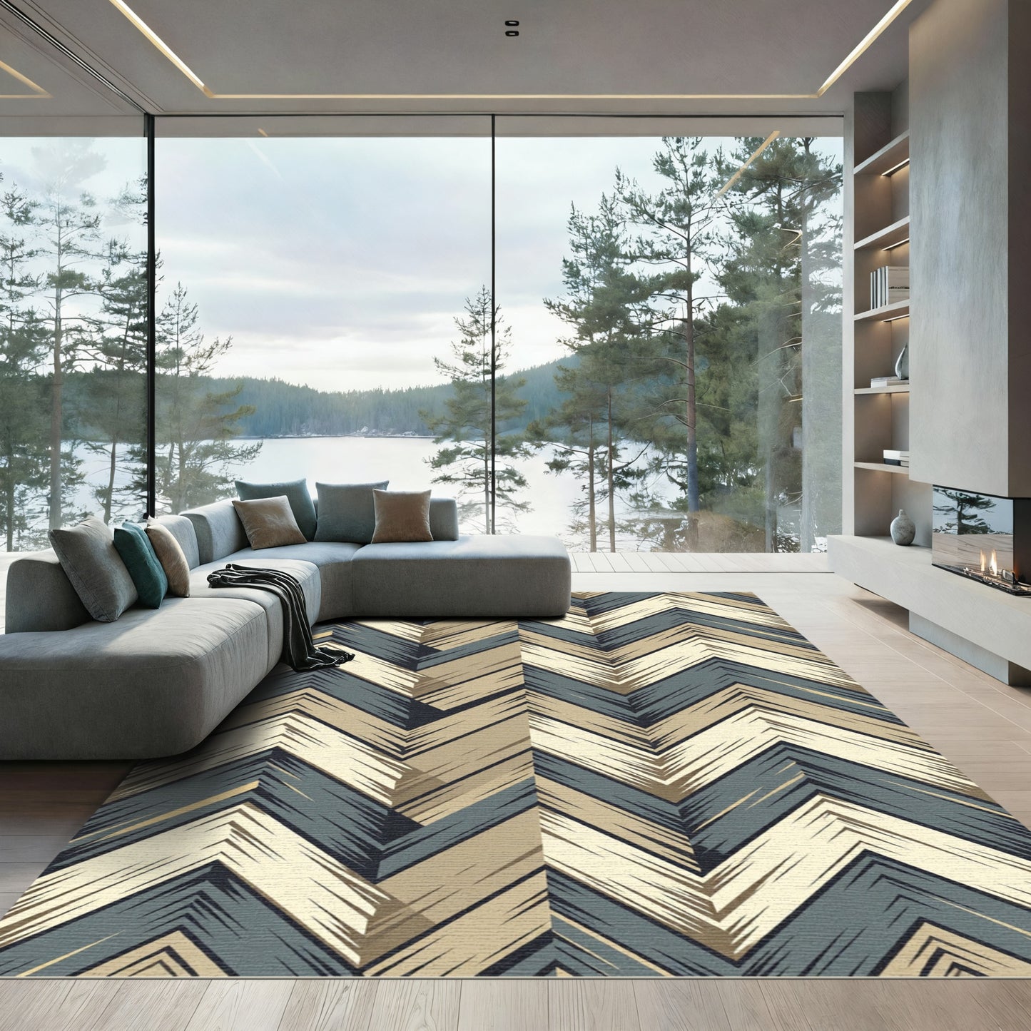 Textured Chevron Tan and Teal Rug