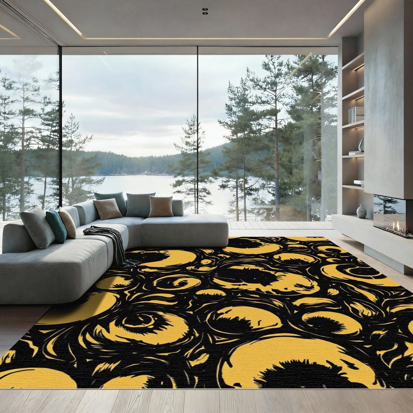 Abstract Orbs Black Yellow Swirl Rug