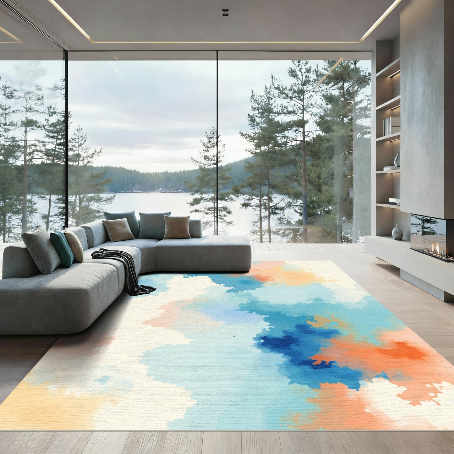 Oceanic Blob Abstract Cream and Blue Rug