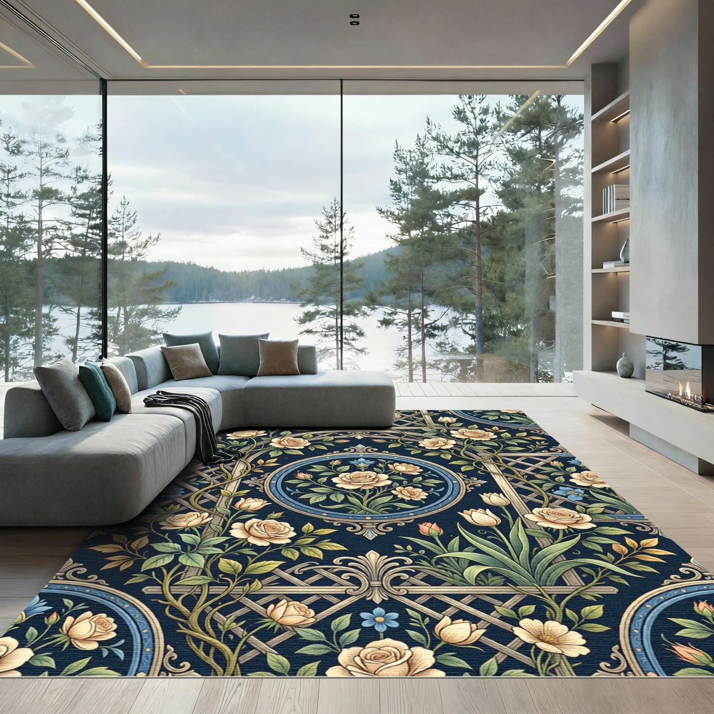 Elegant Navy Cream Floral Trellis Rug