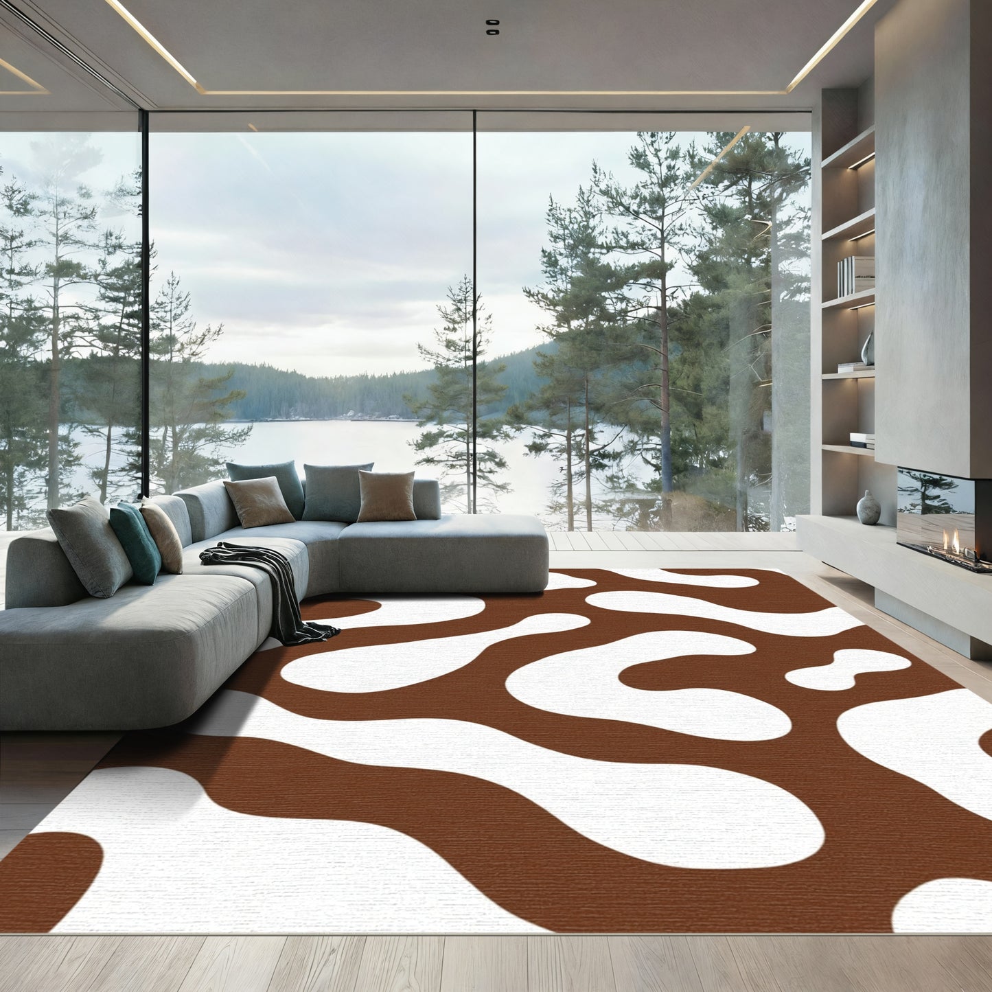 Brown White Organic Amorphous Forms Rug