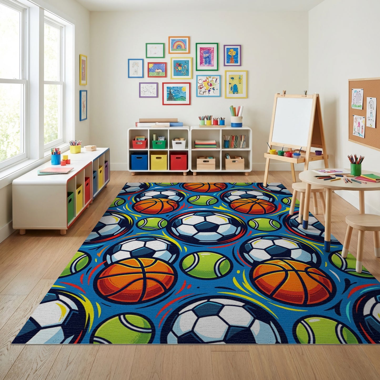 Vibrant Basketball Soccer Tennis Balls Rug