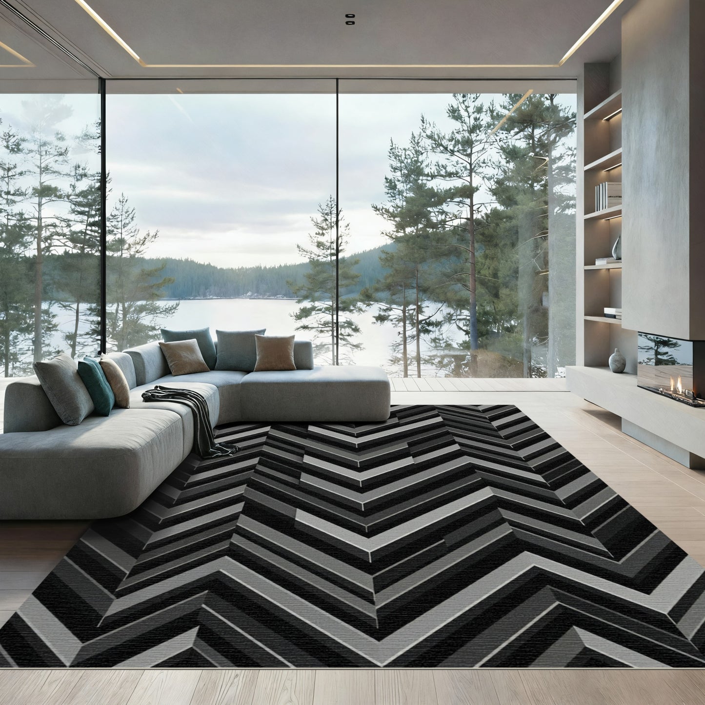 Modern Monochrome Chevron Geometric Art Rug