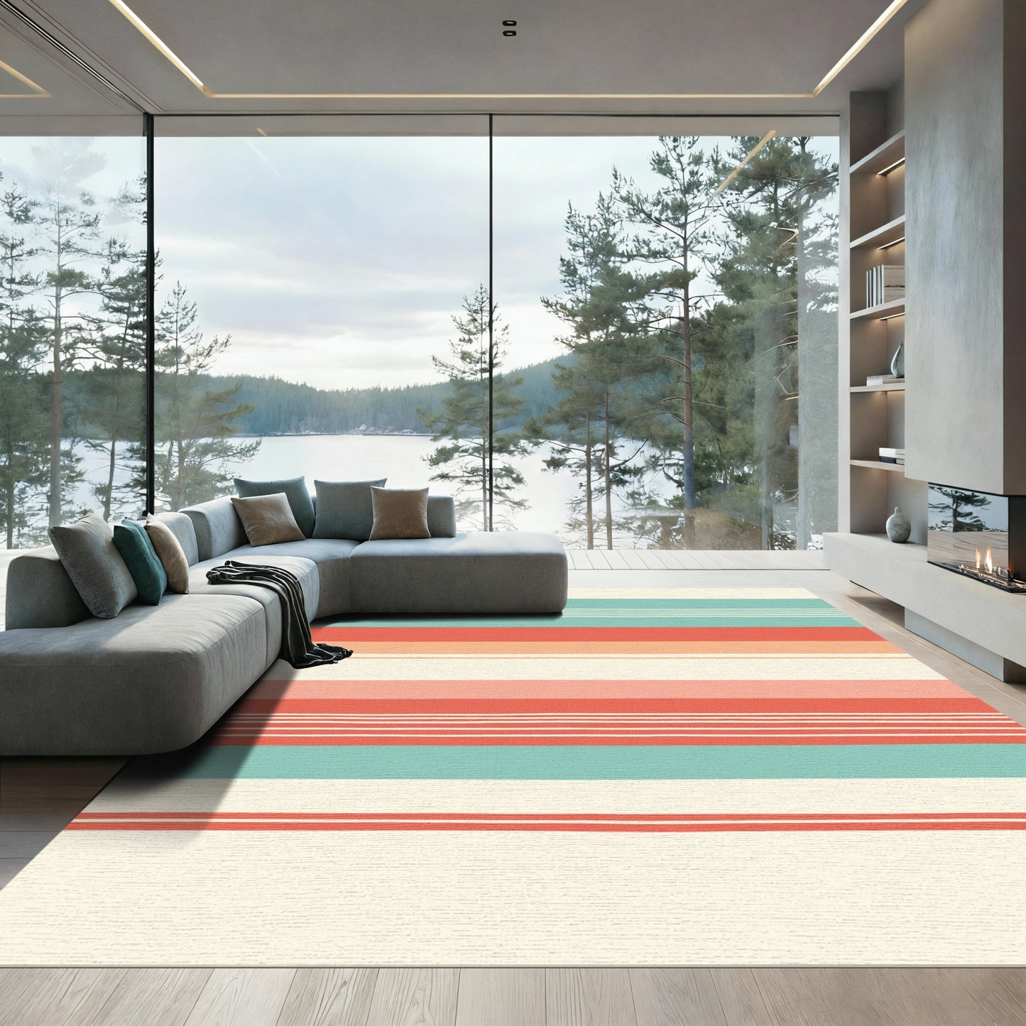 Coral Teal Cream Striped Texture Rug