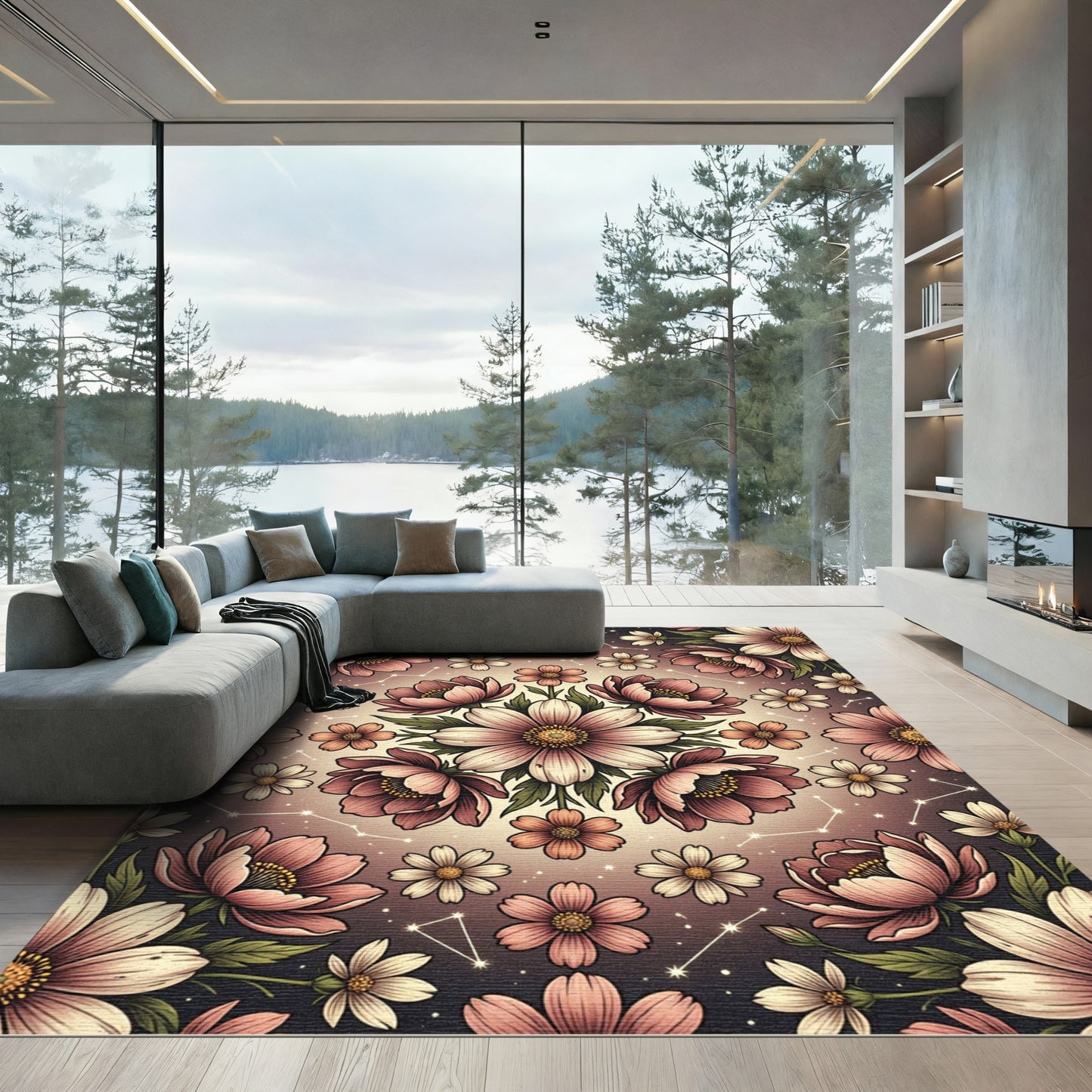 Pink Floral Constellation Mandala Rug