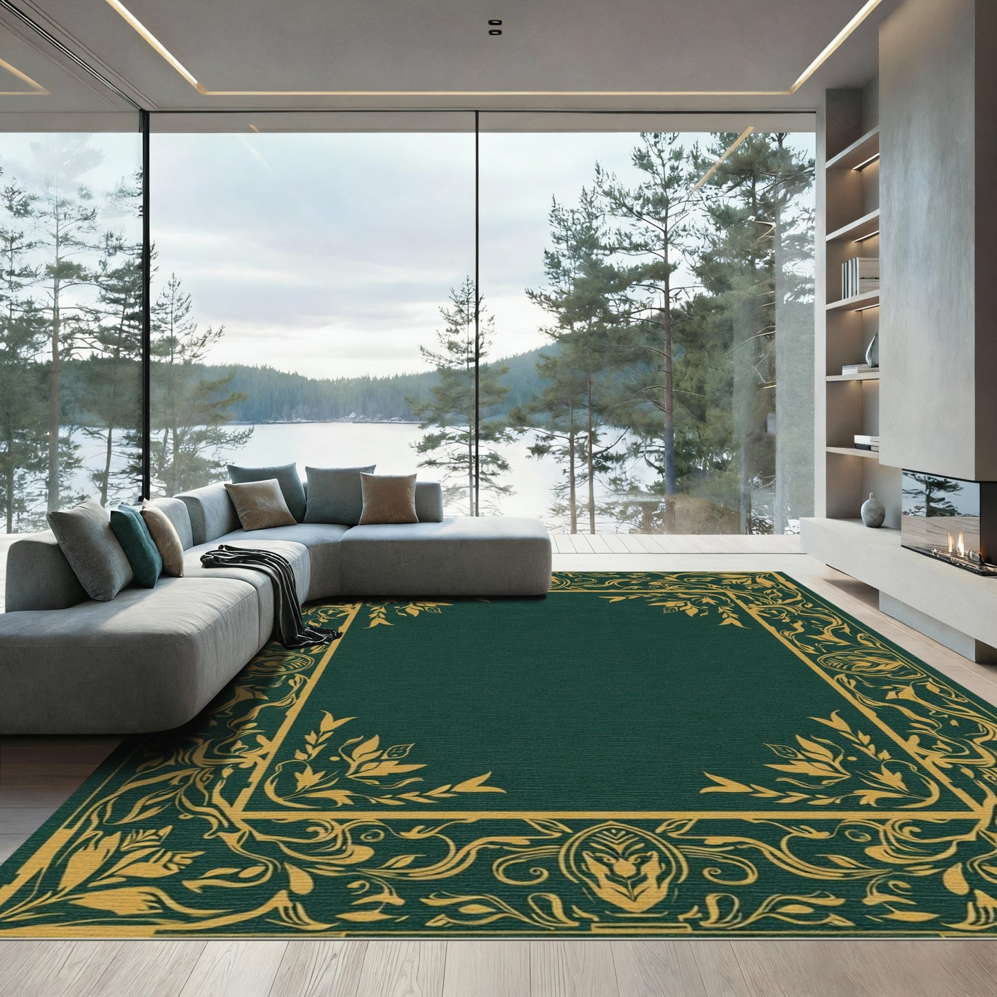 Deep Emerald Golden Floral Border Rug