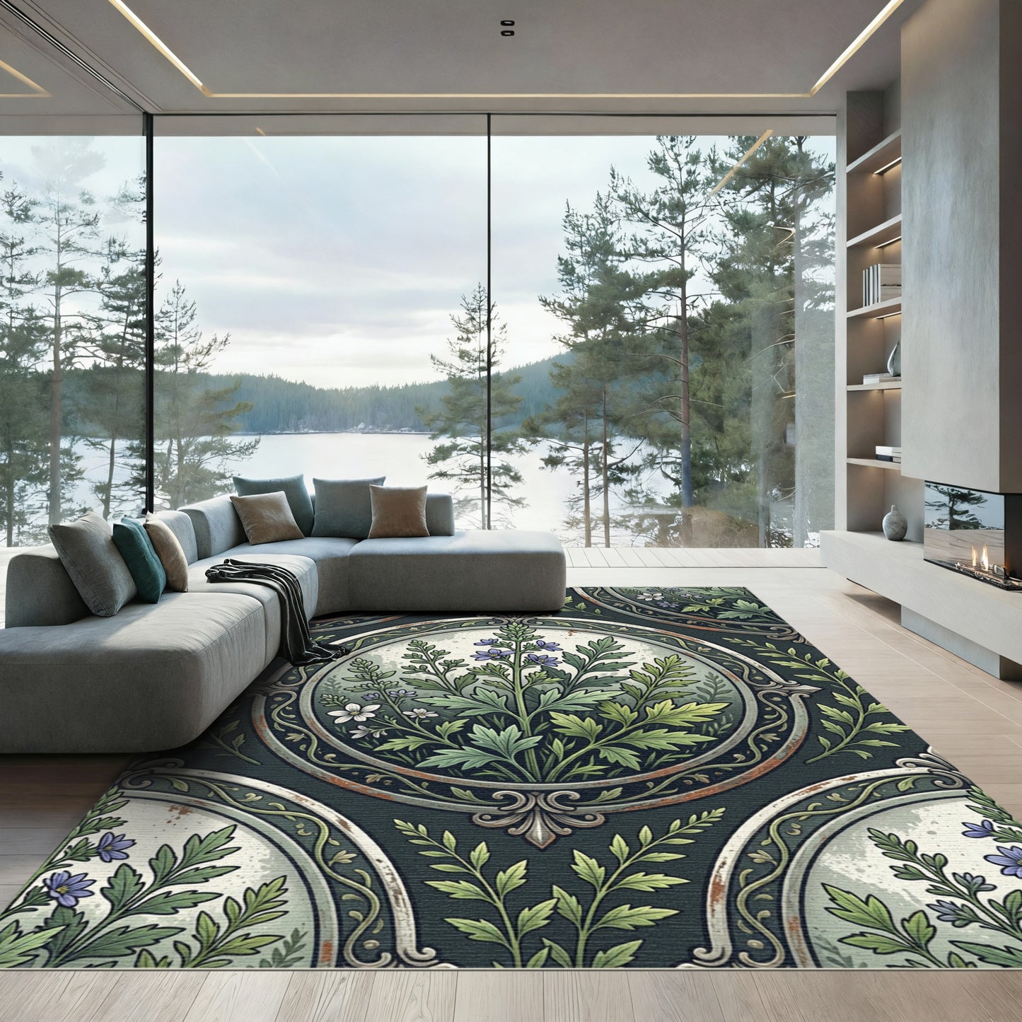 Vintage Botanical Herbal Inset Frame Rug