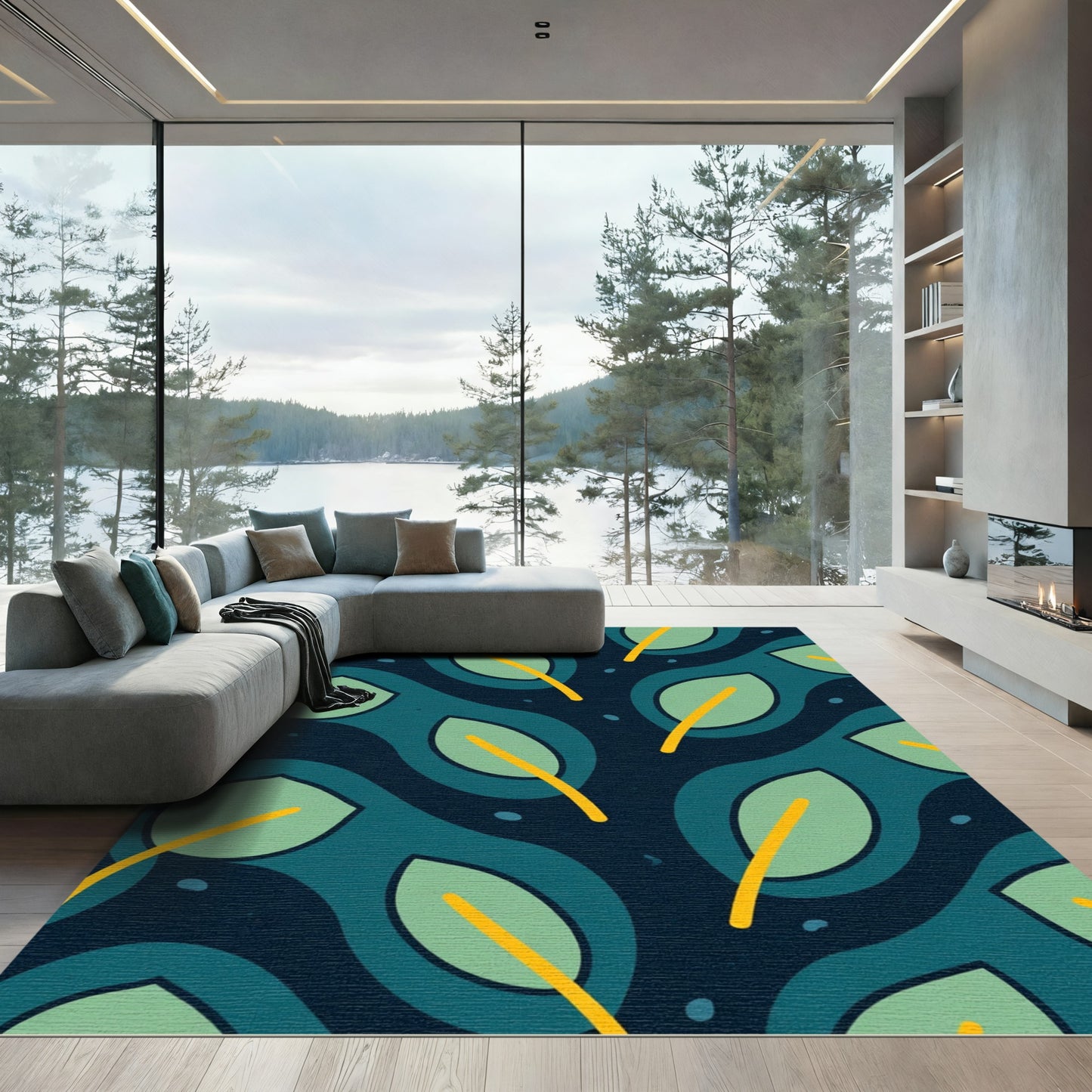 Teal Wavy Leaf Medallion Rug