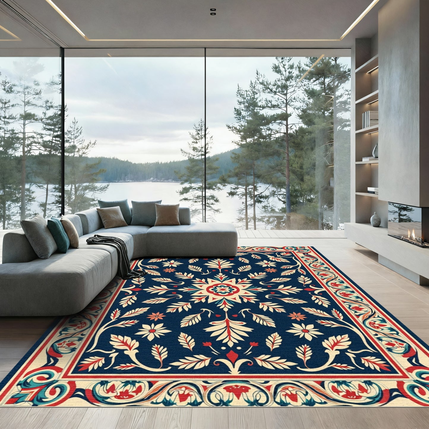 Ornate Red Floral Medallion Ivory Rug