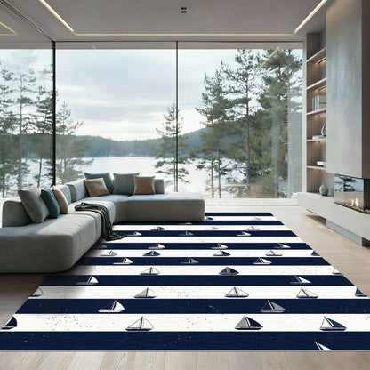 Navy and White Nautical Sailboat Stripe Rug