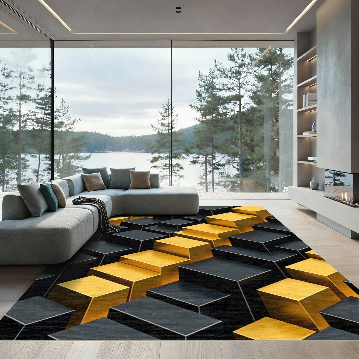 Golden Yellow Black Cube Ascend Rug