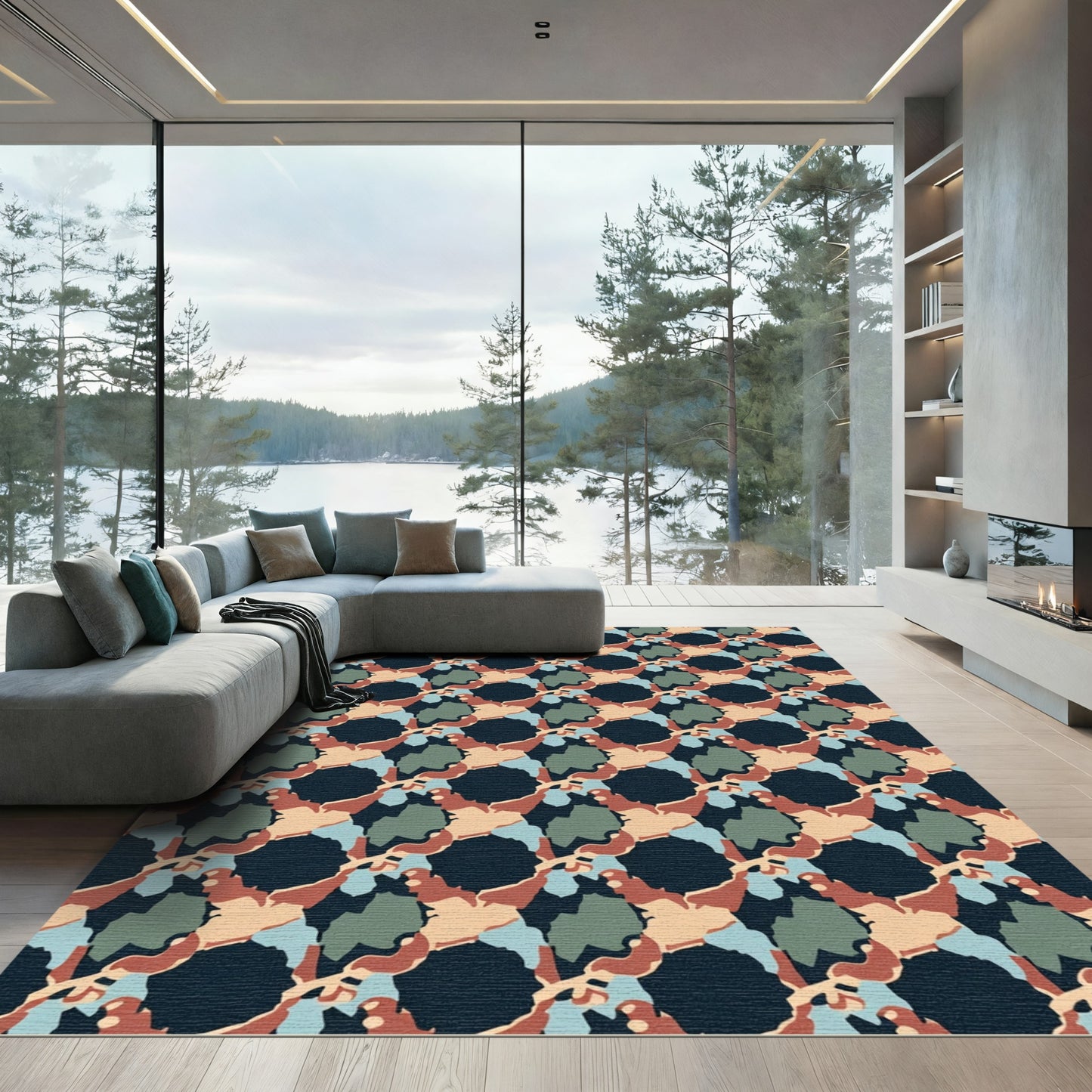 Abstract Camouflage Ochre Teal Rug