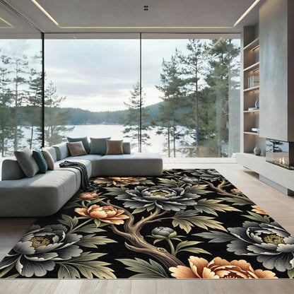 Dramatic Black Floral Branch Medallion Rug