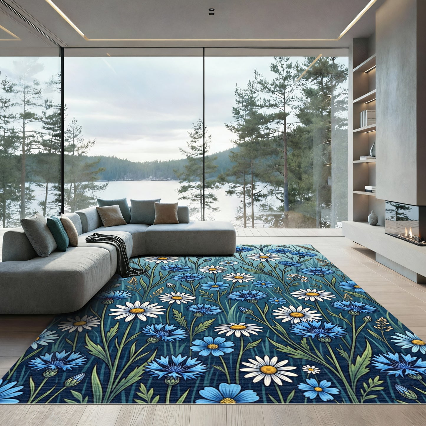 Blue White Daisy Cornflower Meadow Rug