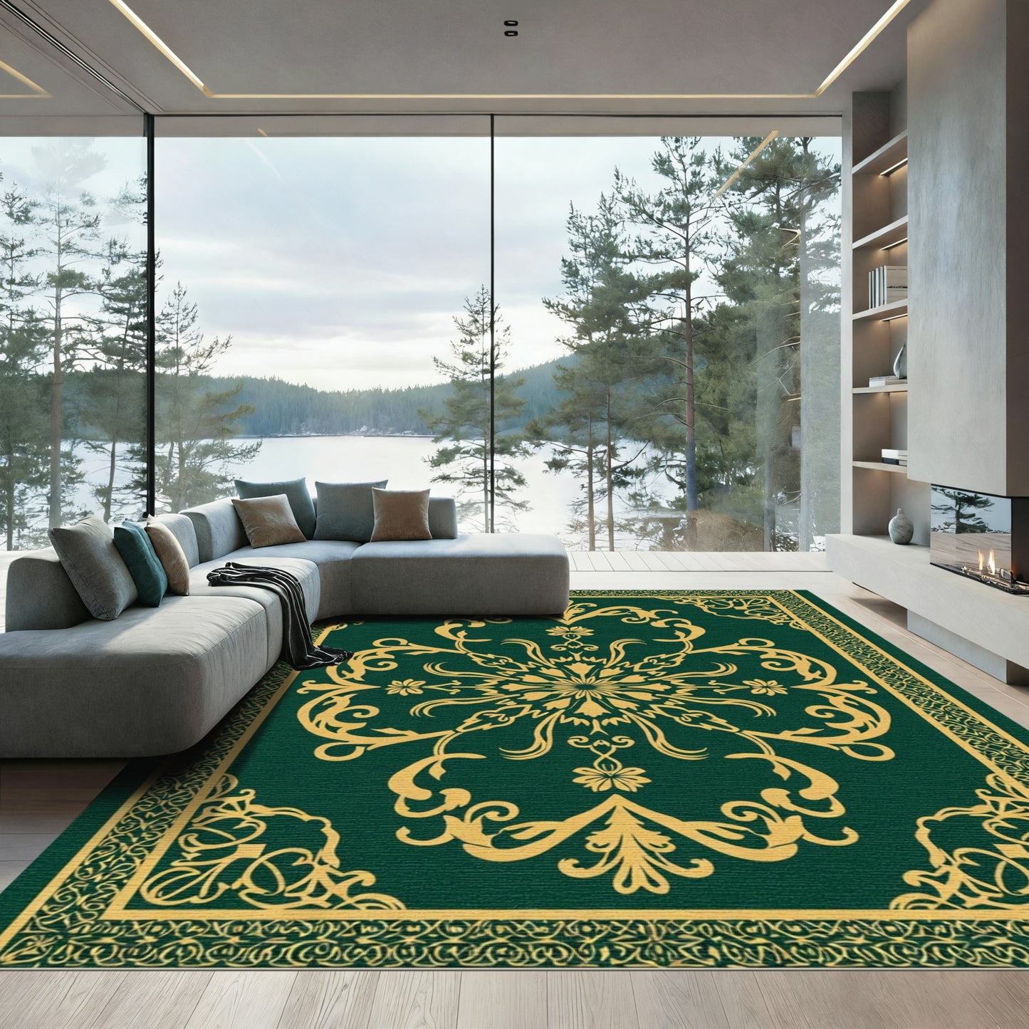 Emerald Golden Floral Damask Rug