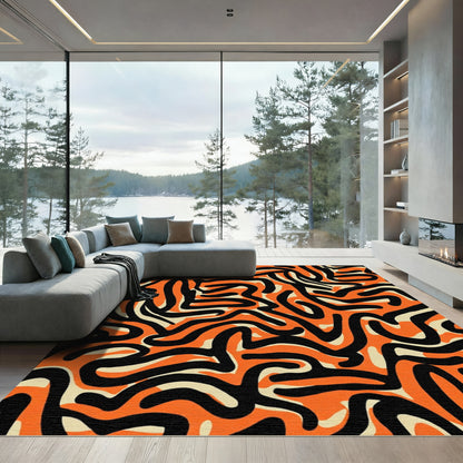 Bold Orange Black Swirl Abstract Rug
