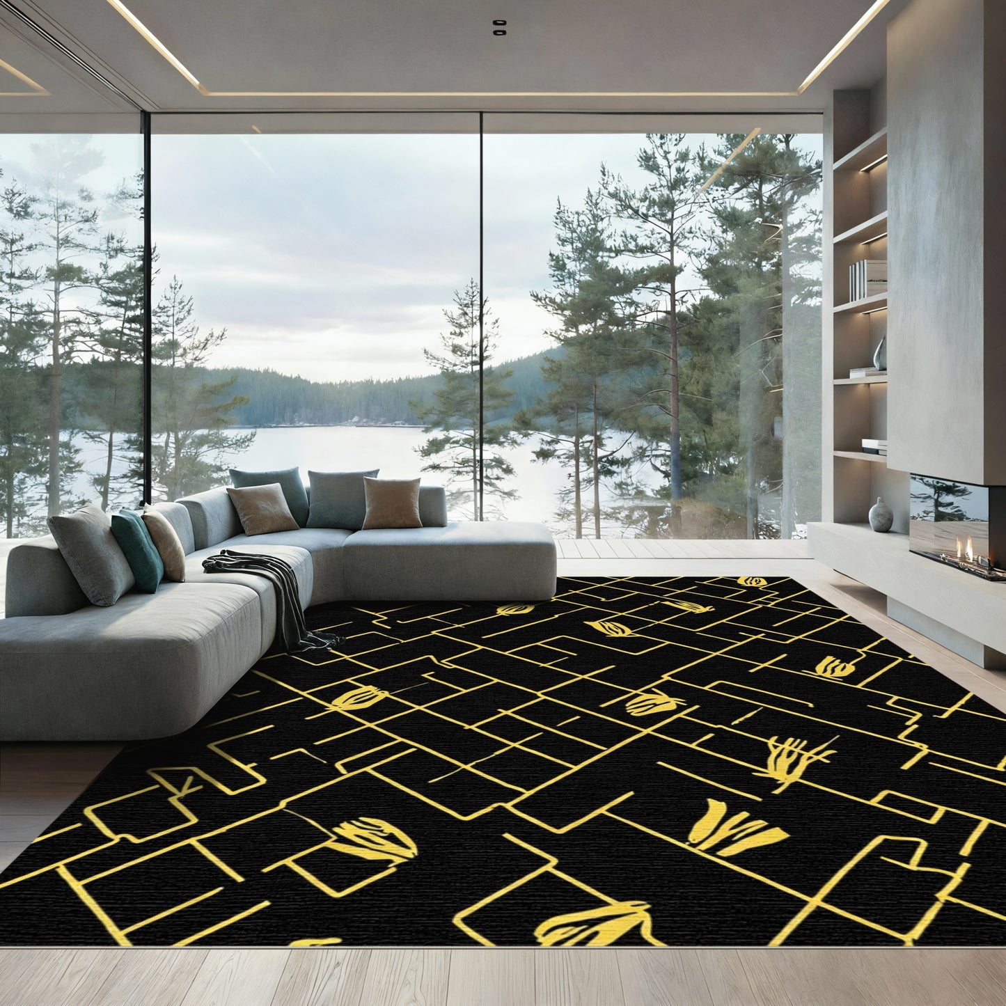 Golden Lines Abstract Floral Composition Rug