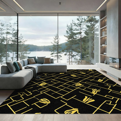 Golden Lines Abstract Floral Composition Rug