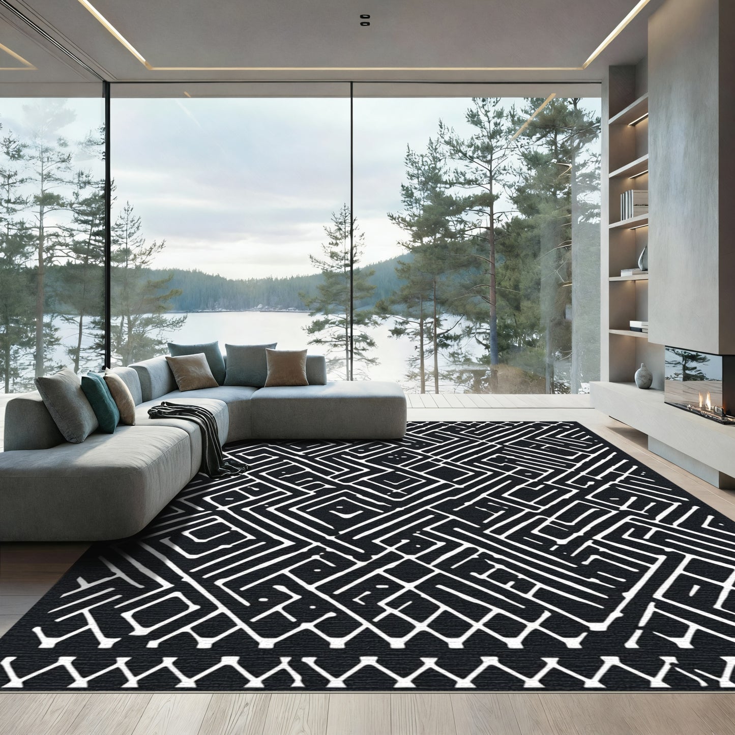 Navajo Diamond Black White Geometric Rug