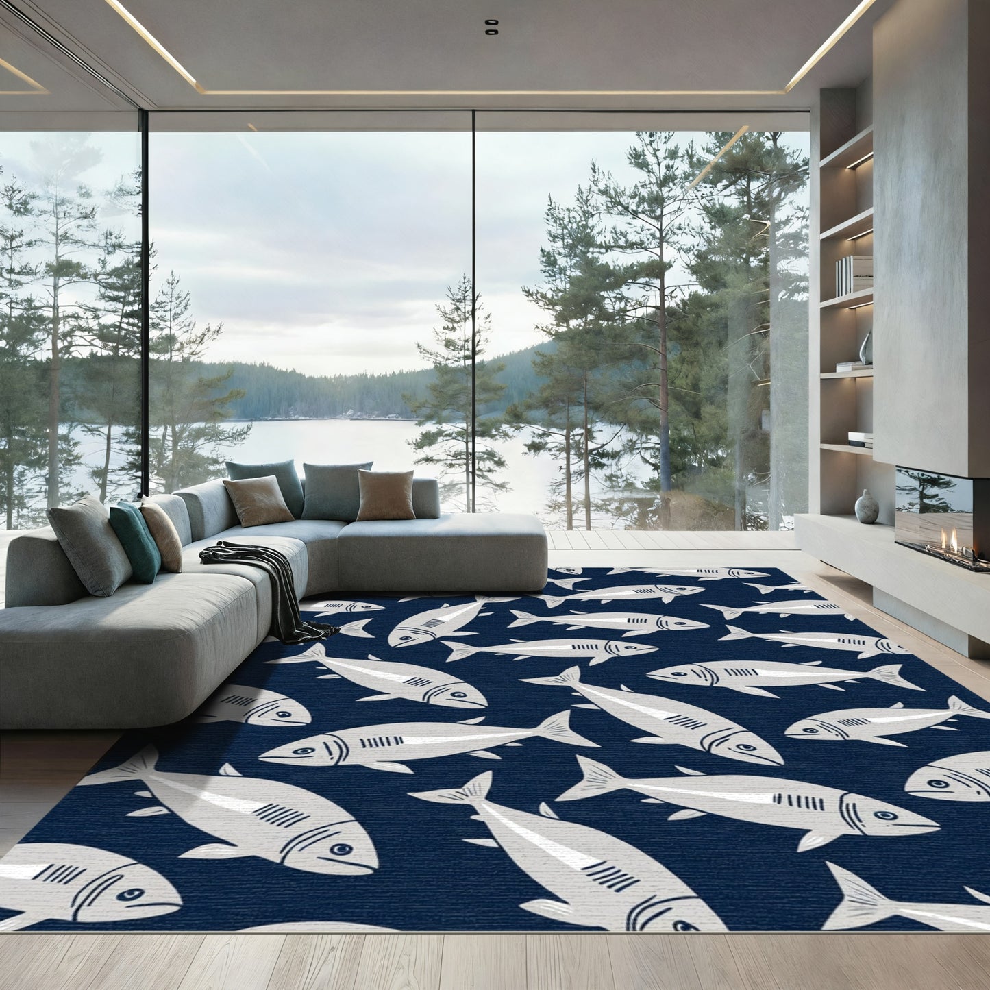 Navy Blue Schooling Fish Composition Rug