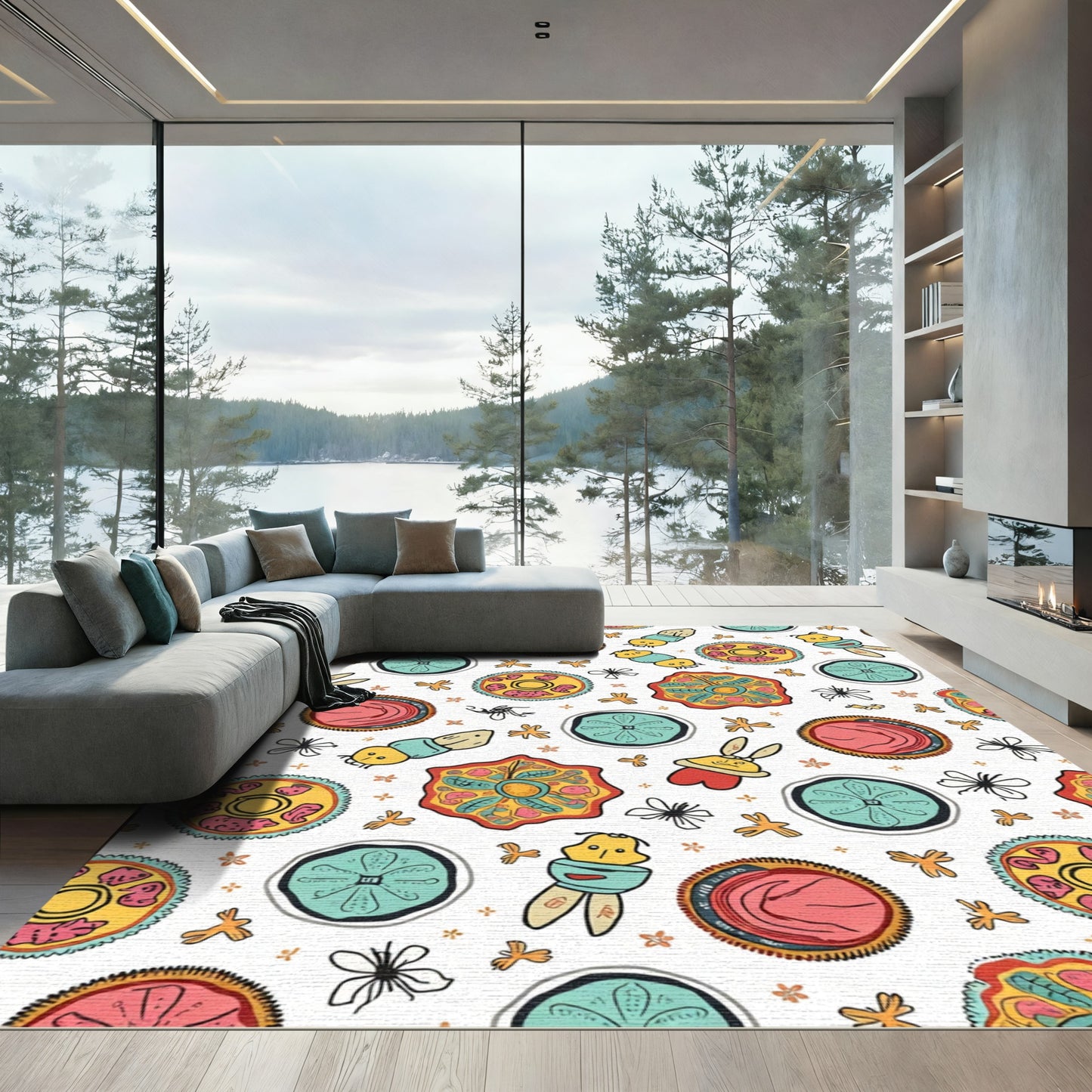 Whimsical Cute Creatures Floral Collage Rug