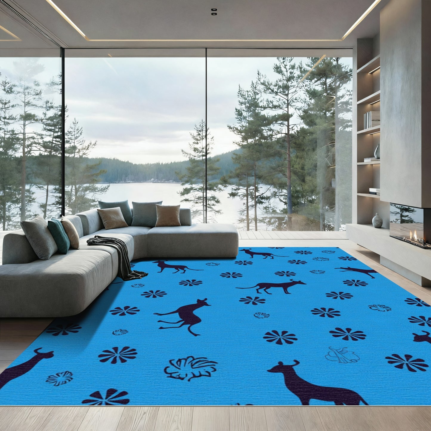 Silhouette Dogs And Flowers Blue Rug