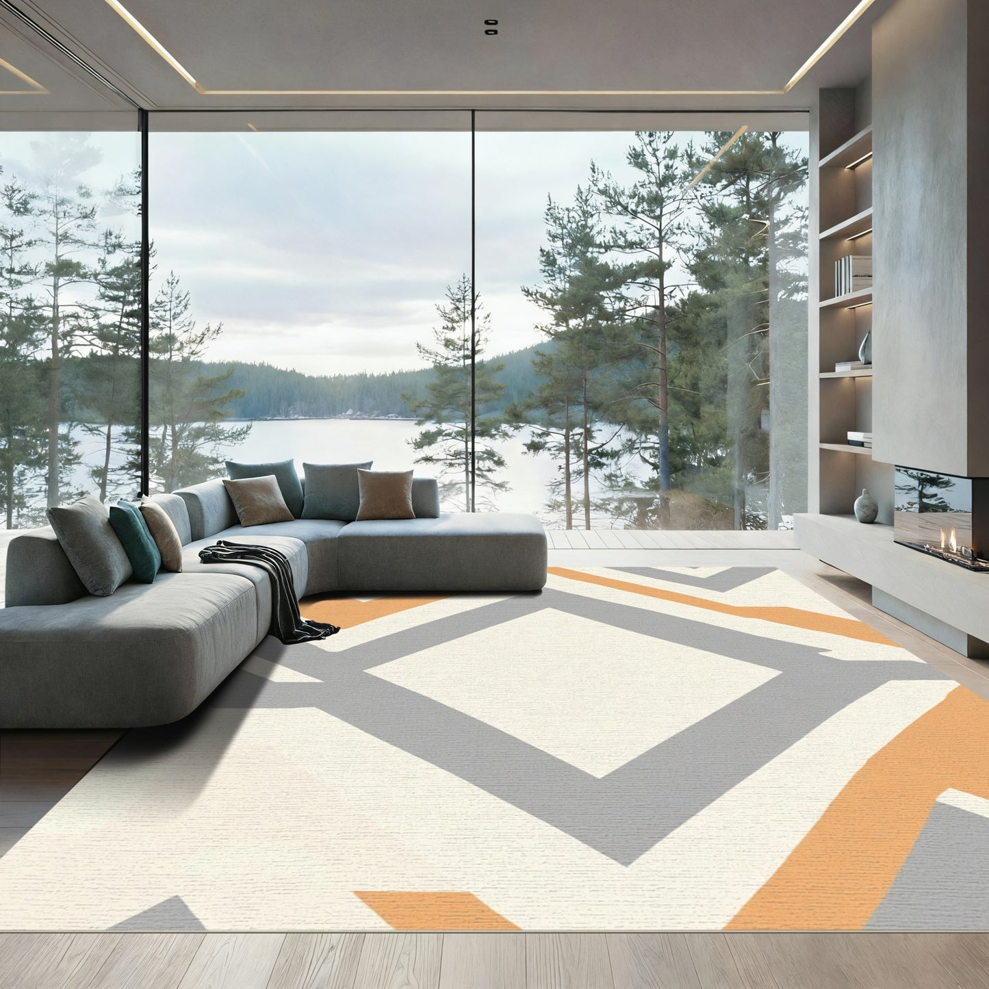 Modern Orange Gray Geometric Diamond Rug