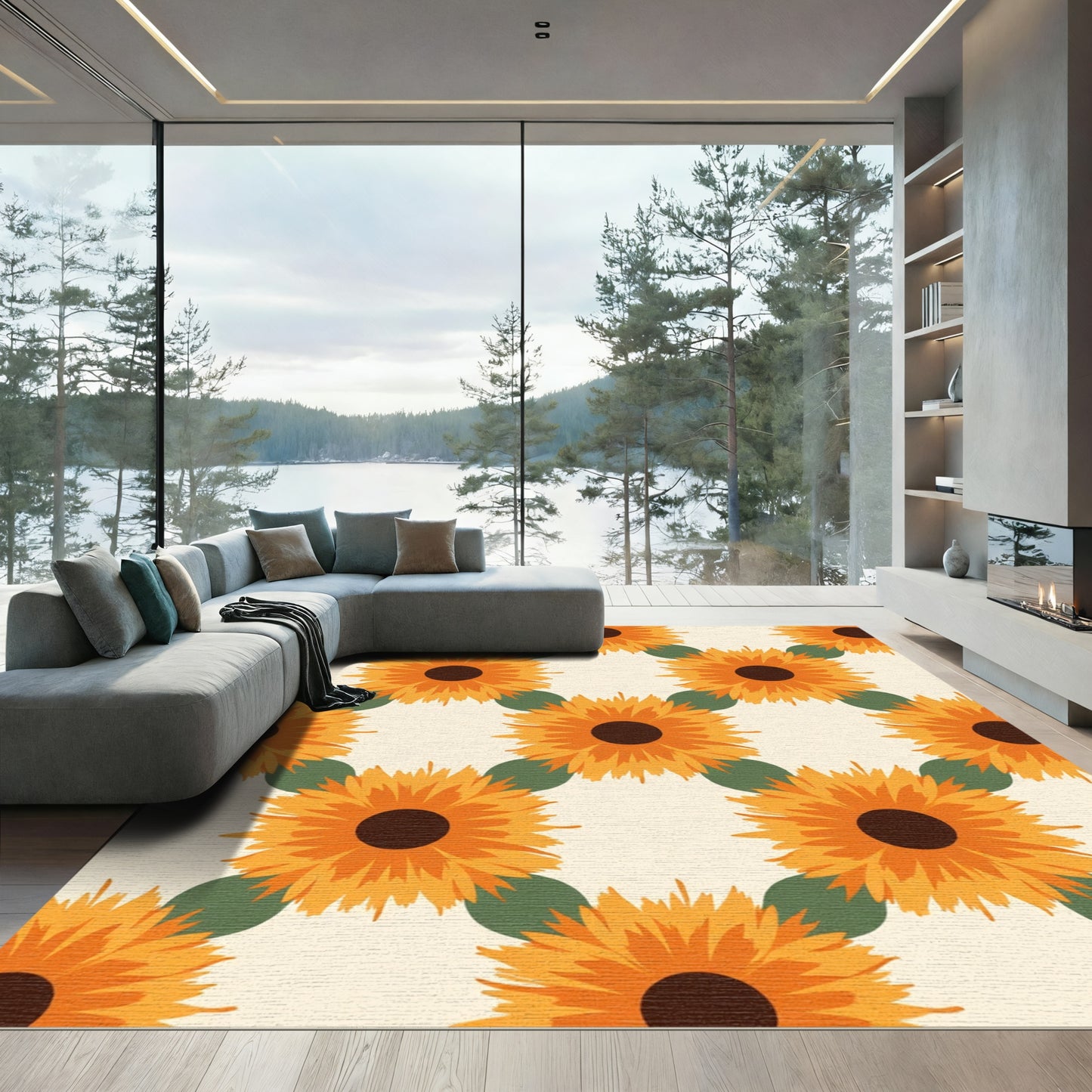 Orange Sunflower Garden Pattern Rug