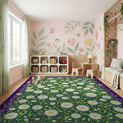 Lush White Daisies Green Meadow Purple Rug