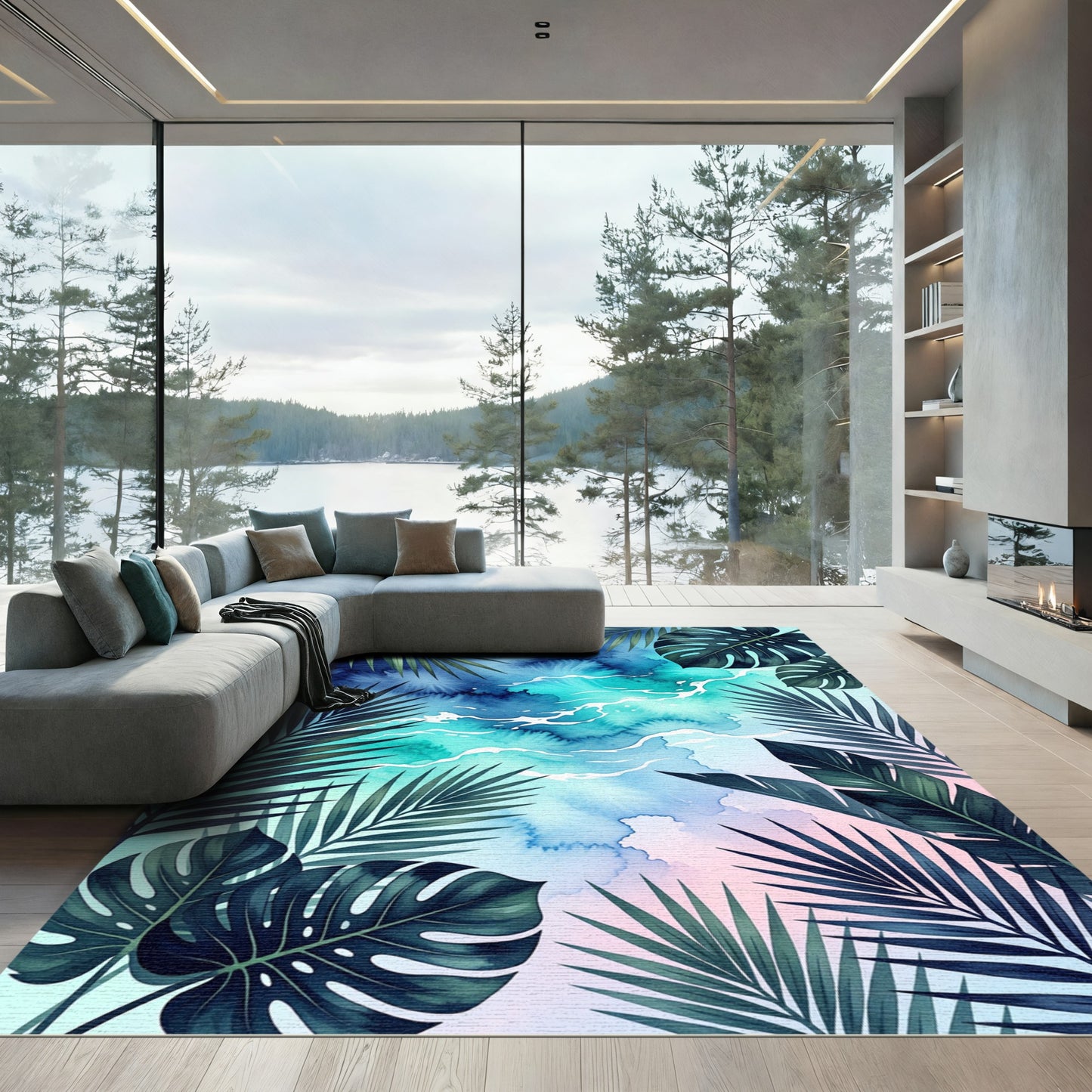 Tropical Blue Watercolor Leaf Embrace Rug