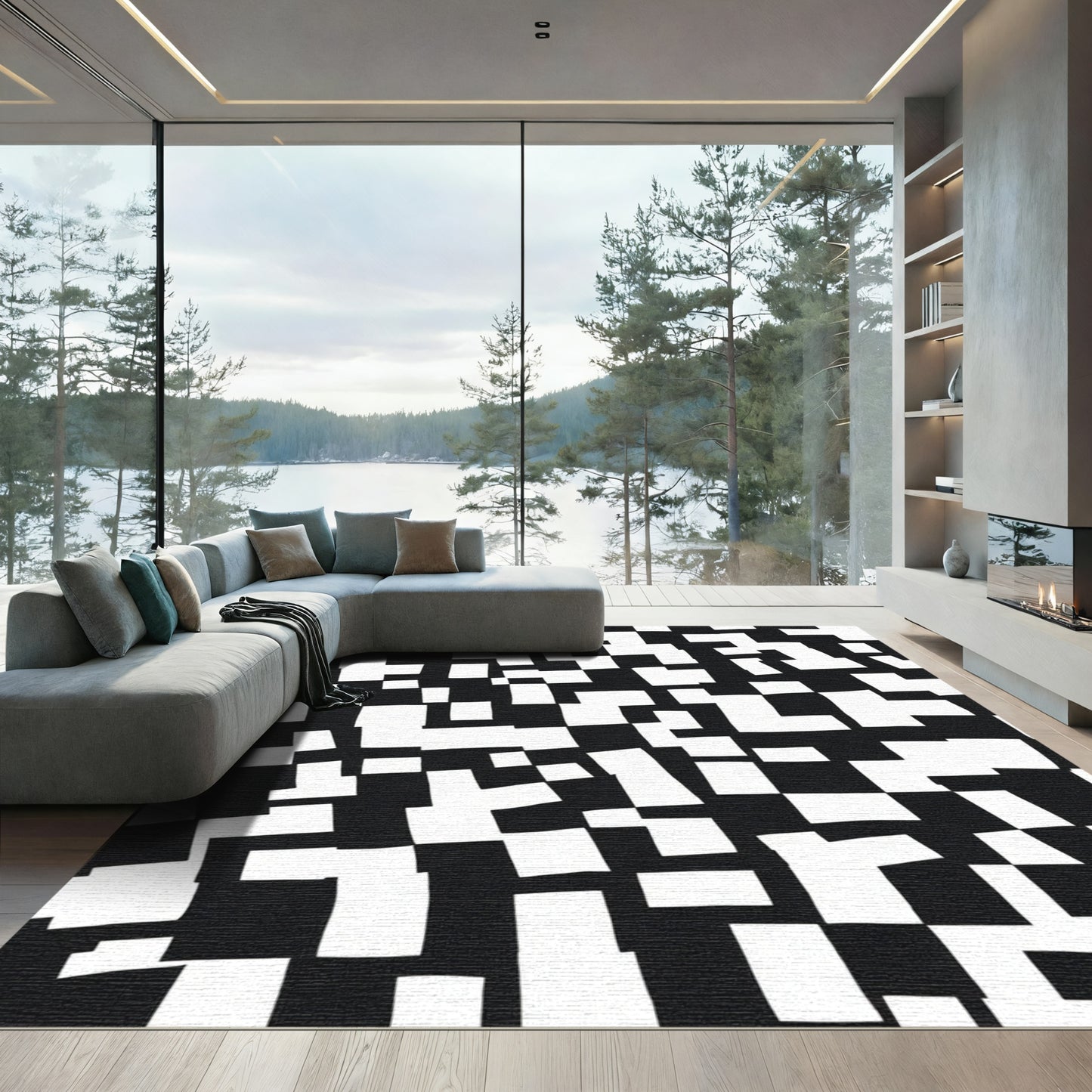 Black White Scattered Square Arrangement Rug
