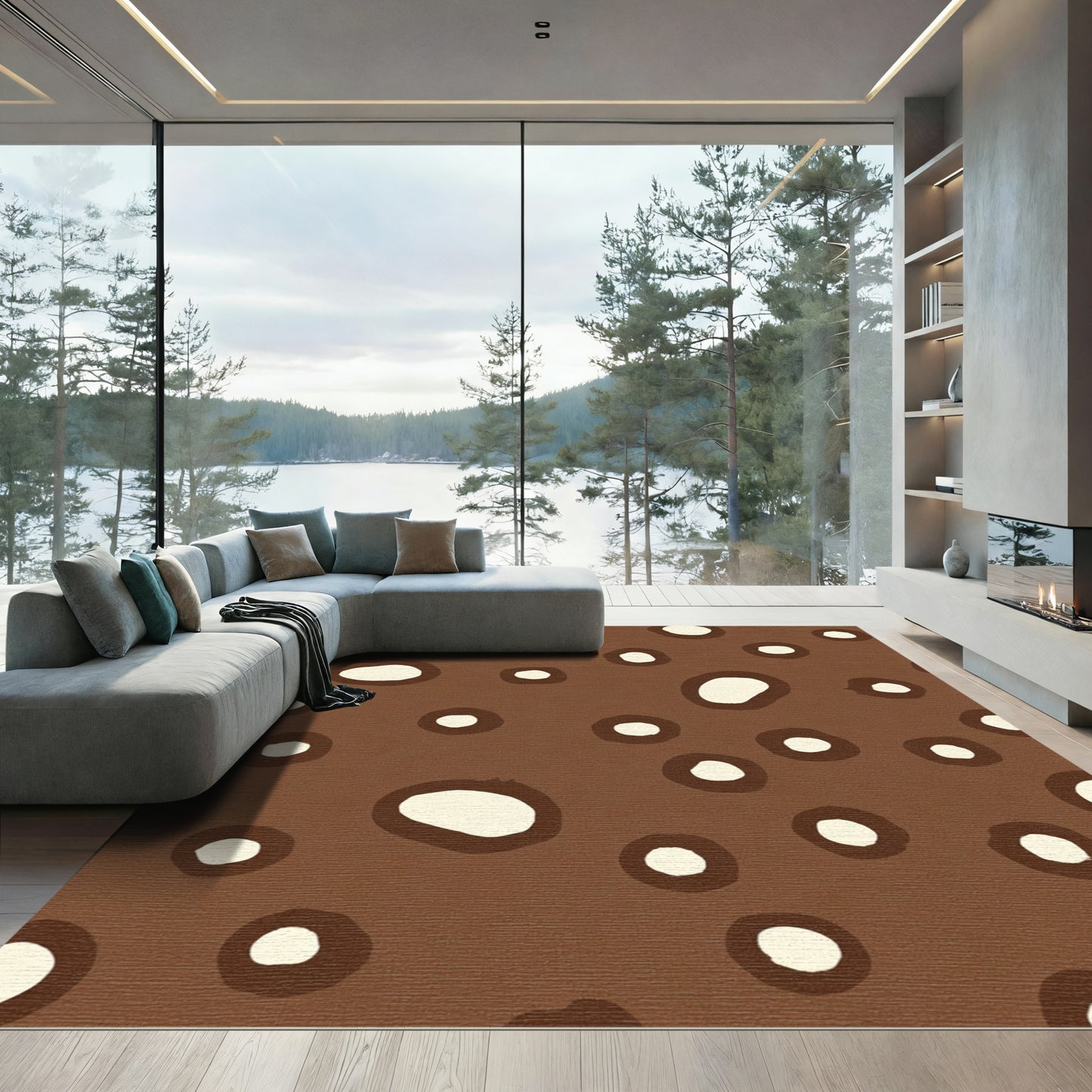 Brown Cream Abstract Circles Rug