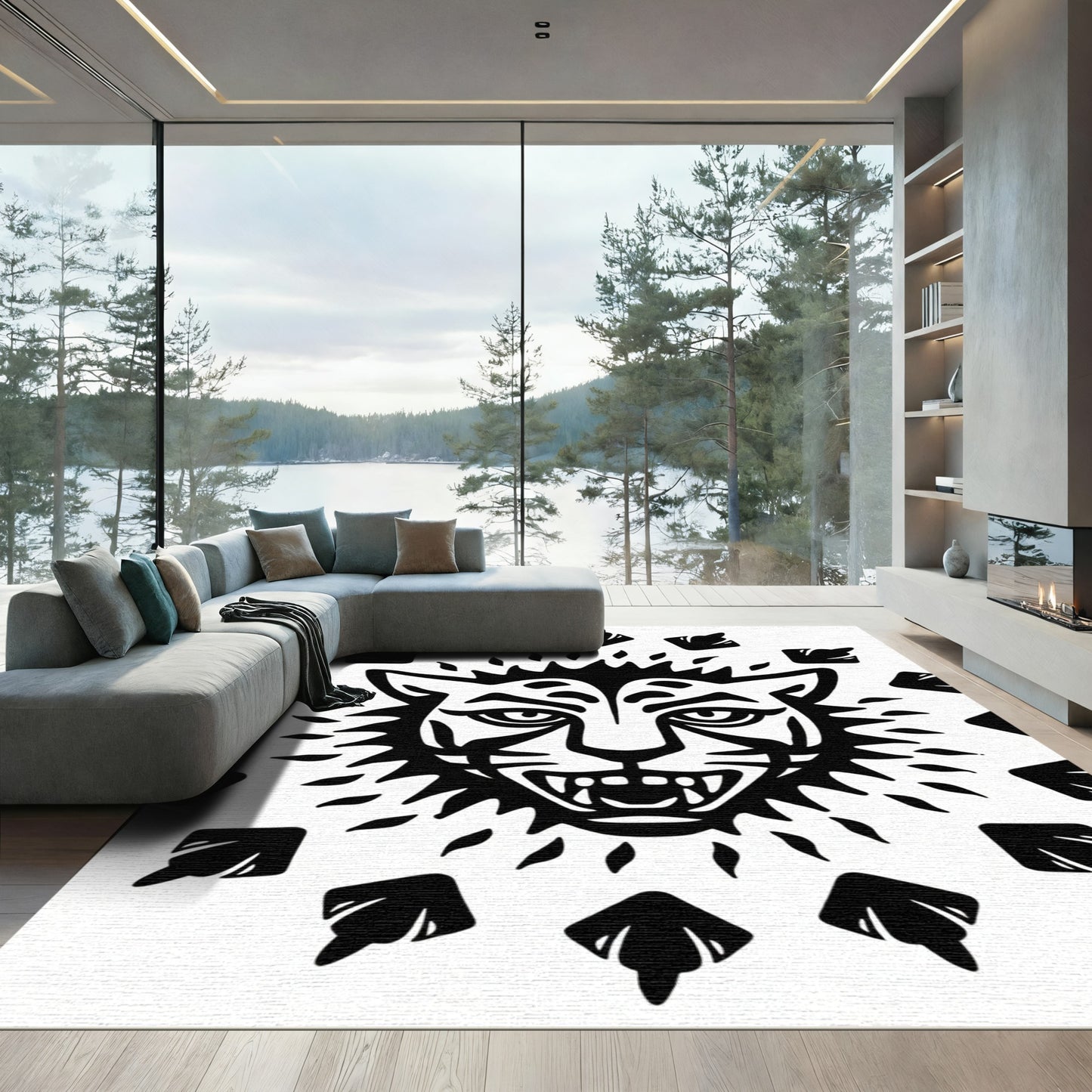Striking Black Wild Cat Sunburst Rug
