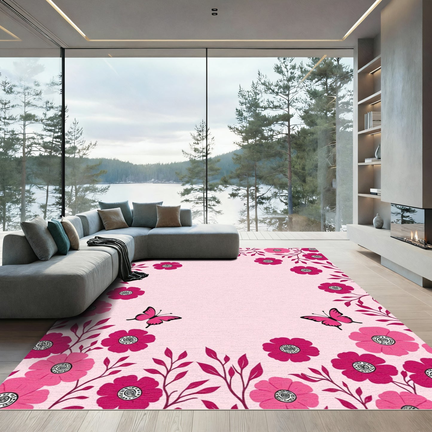 Pink Floral Butterfly Garden Delight Rug