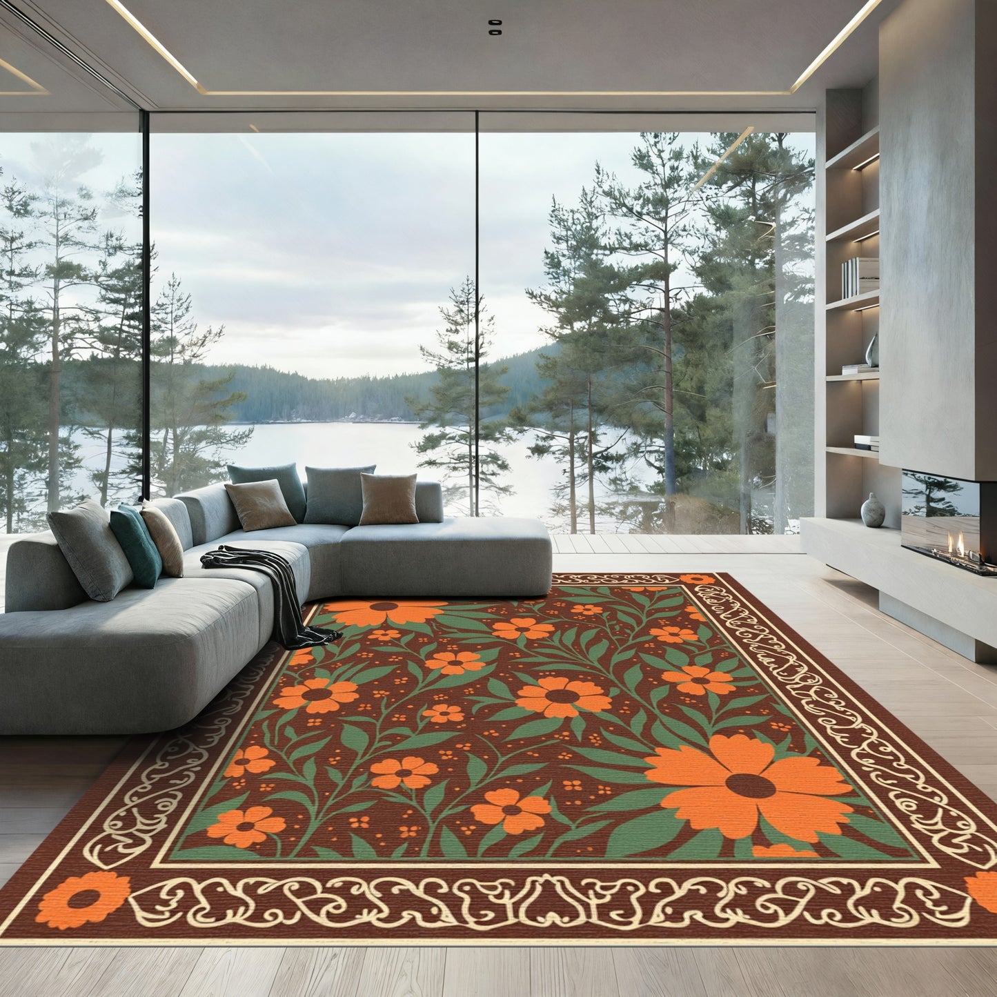 Orange Floral Vine Border Rug