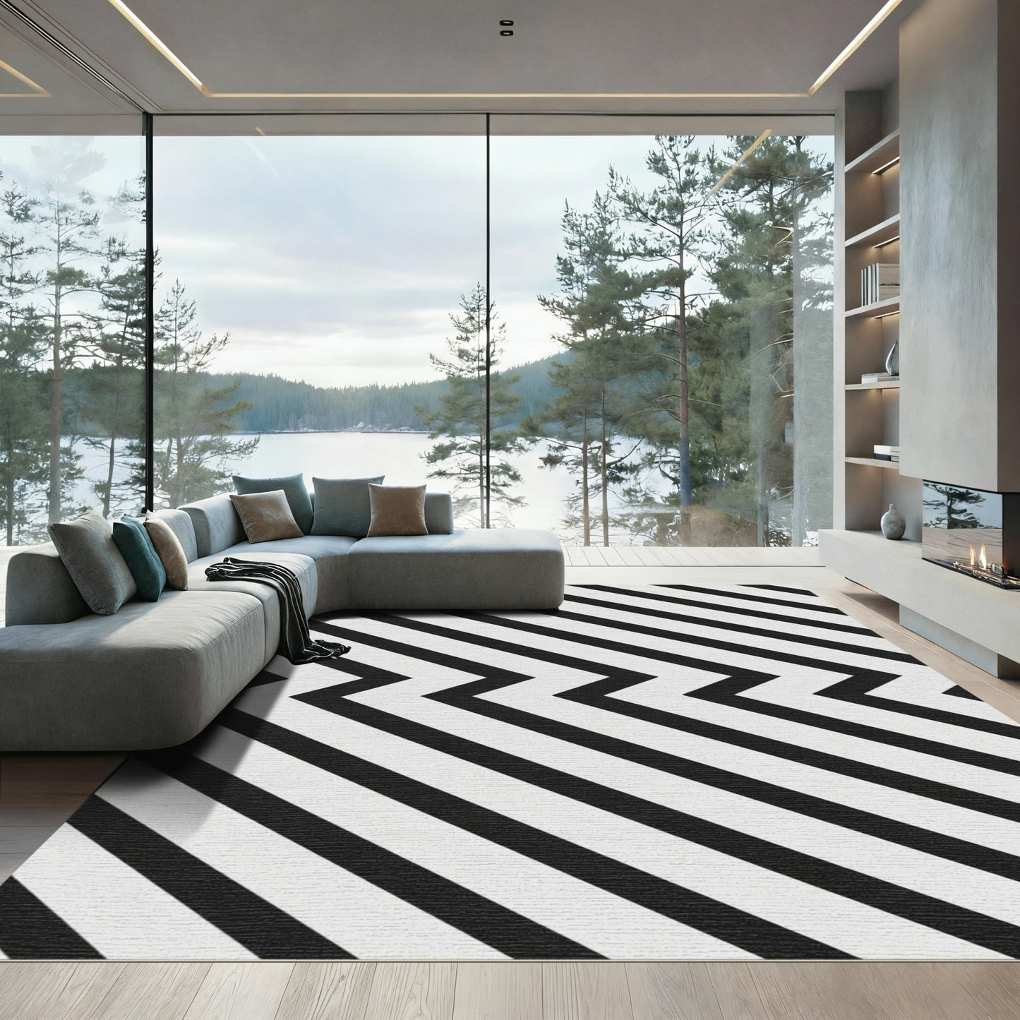 Black White Chevron Diagonal Stripes Rug
