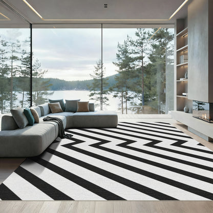 Black White Chevron Diagonal Stripes Rug