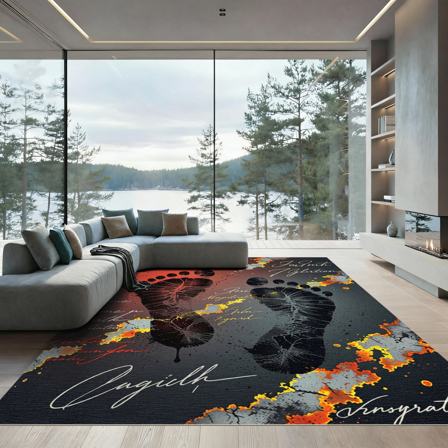 Crimson Fire Footprint Calligraphy Rug