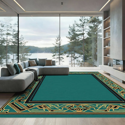 Teal and Gold Geometric Border Rug