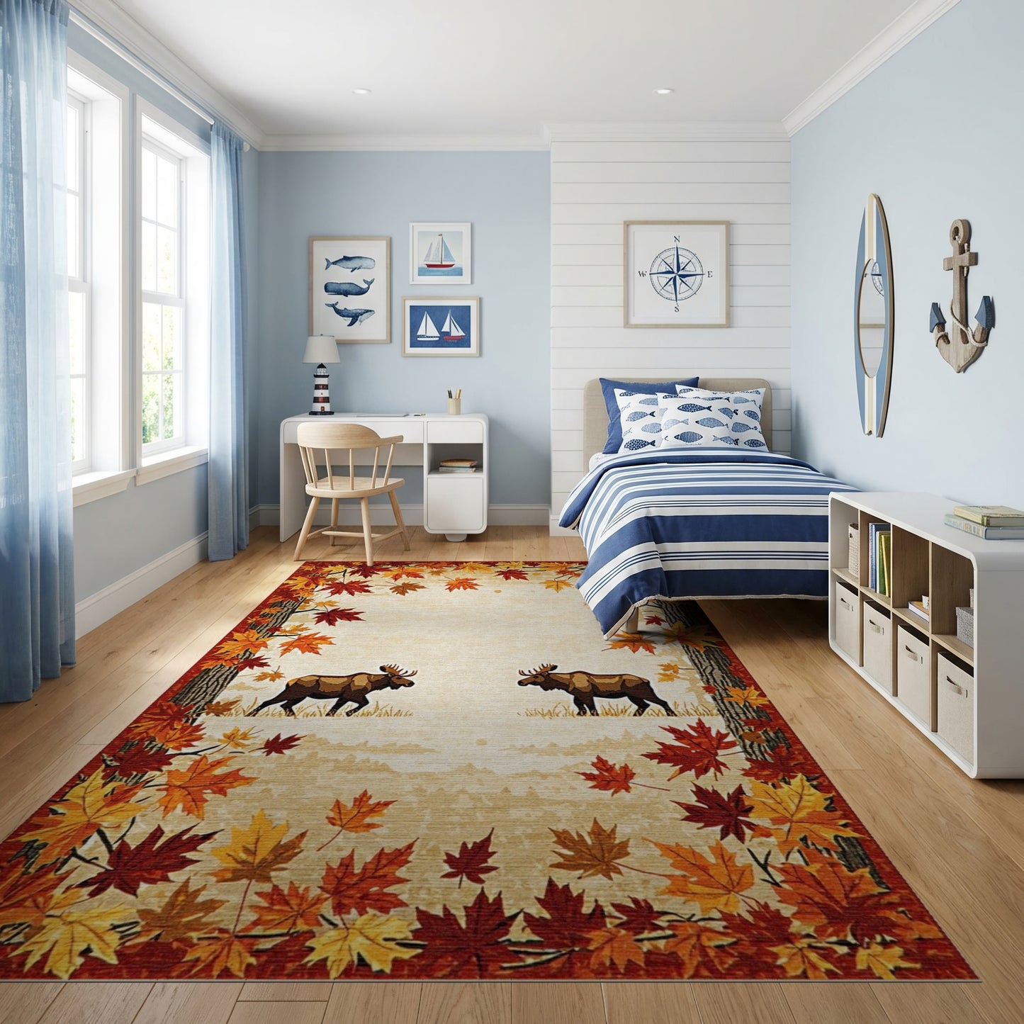 Rustic Woodland Moose Autumn Leaves Rug