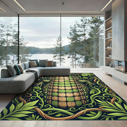 Lush Green Jungle Crocodile Reptile Art Rug