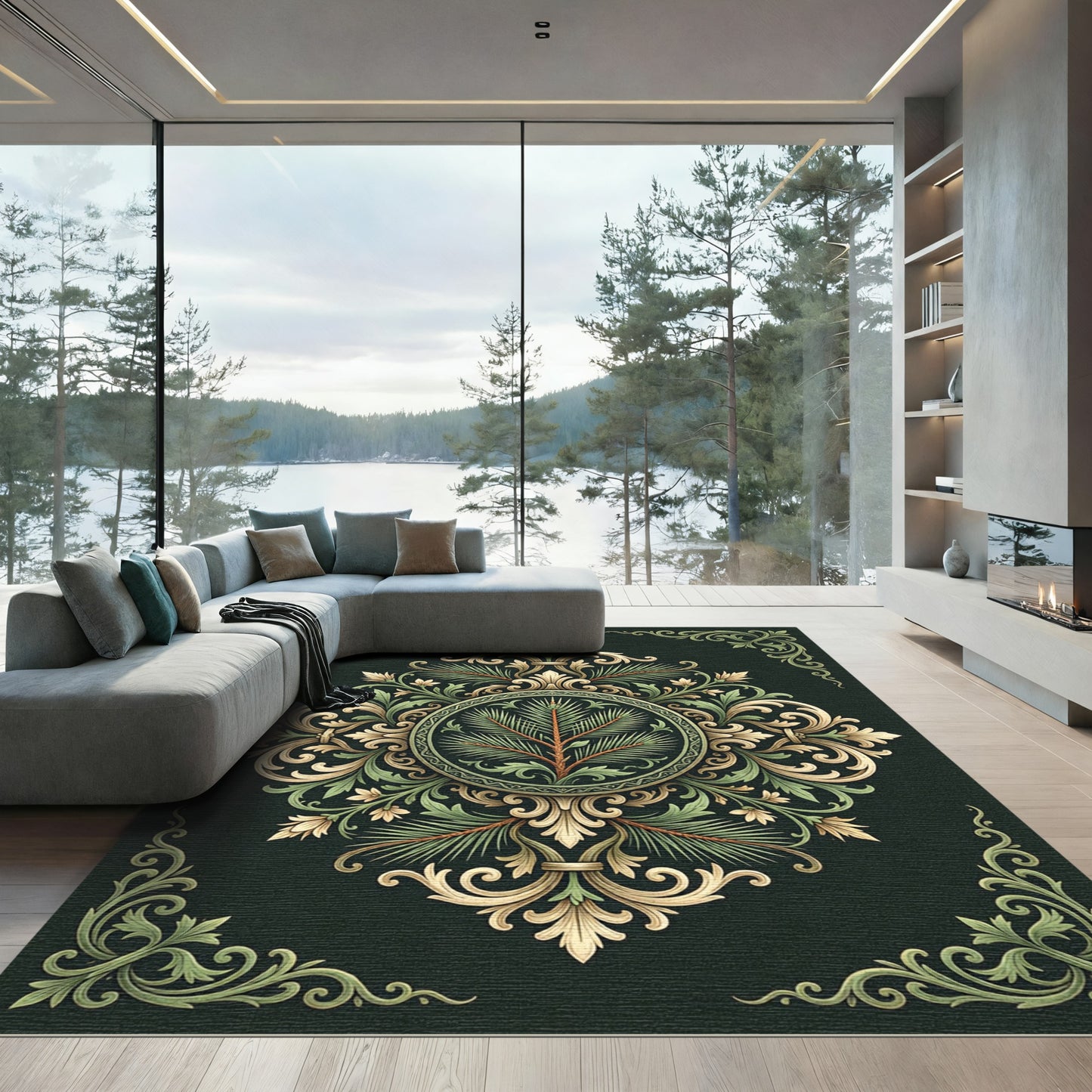 Elegant Green and Gold Laurel Medallion Rug