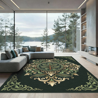 Elegant Green and Gold Laurel Medallion Rug