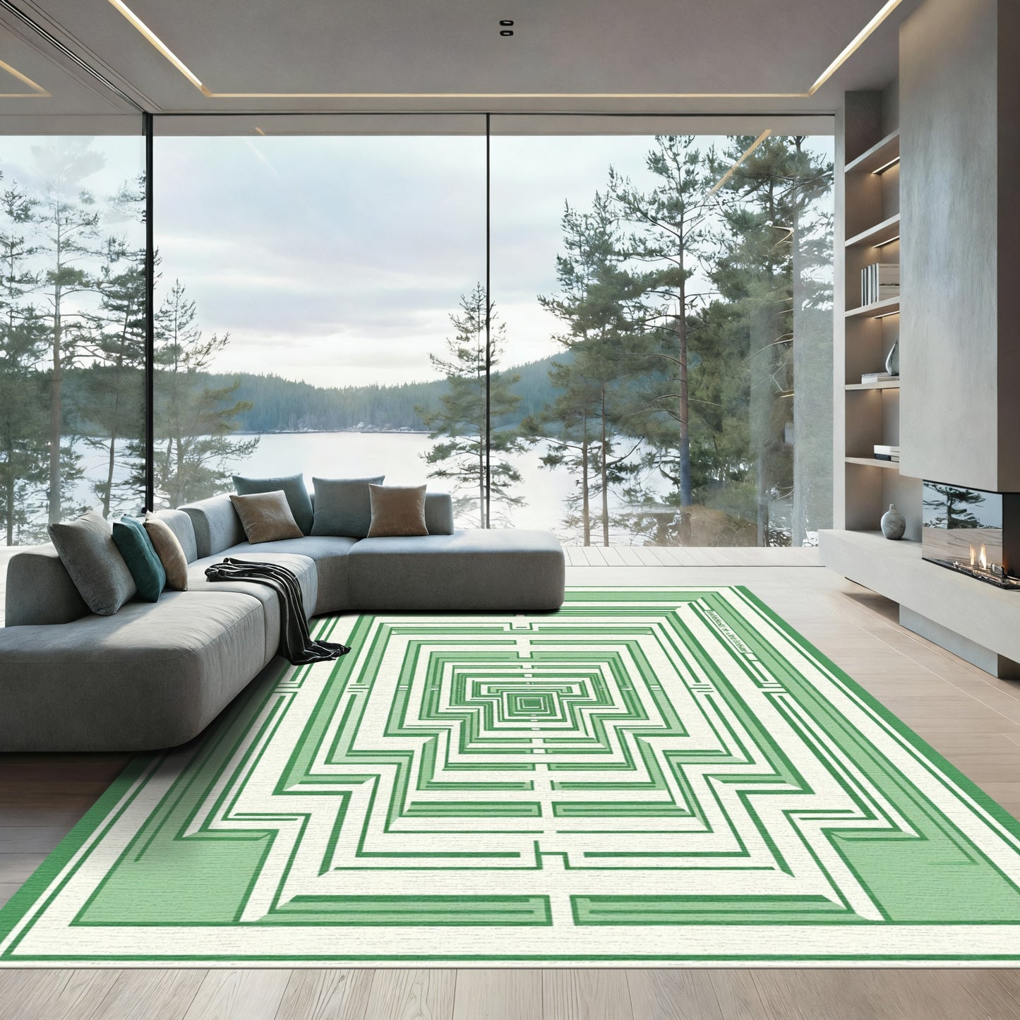 Emerald Green Geometric Maze Illusion Rug
