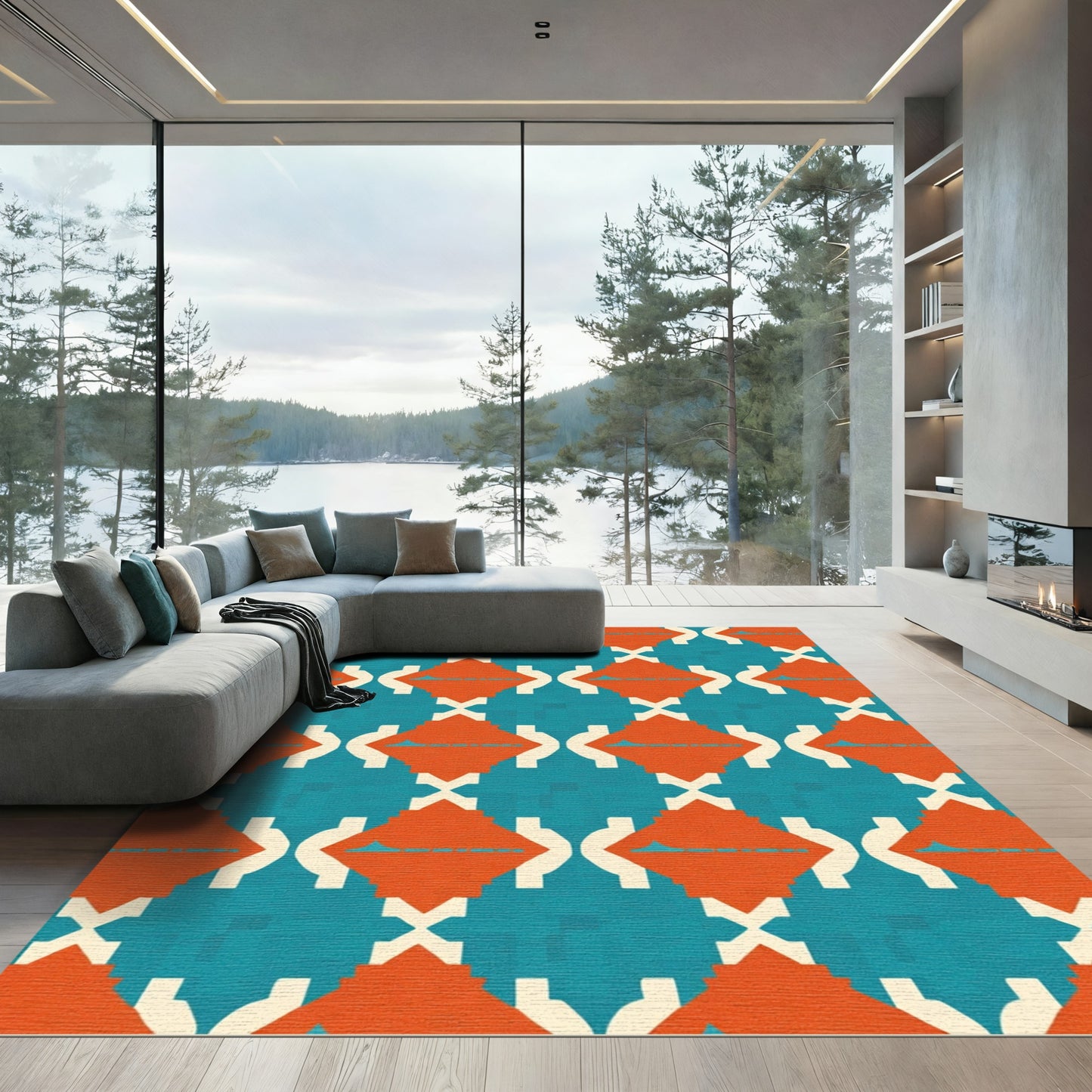 Orange White Teal Geometric Diamonds Rug