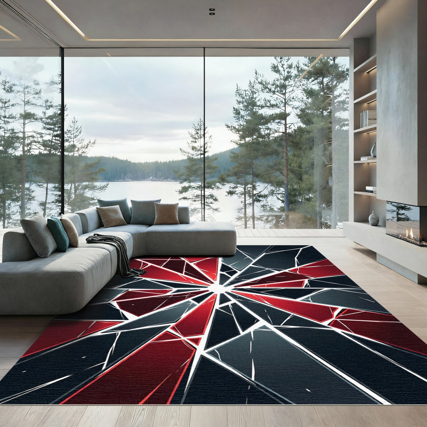 Modern Geometric Cracked Red Black Shards Rug