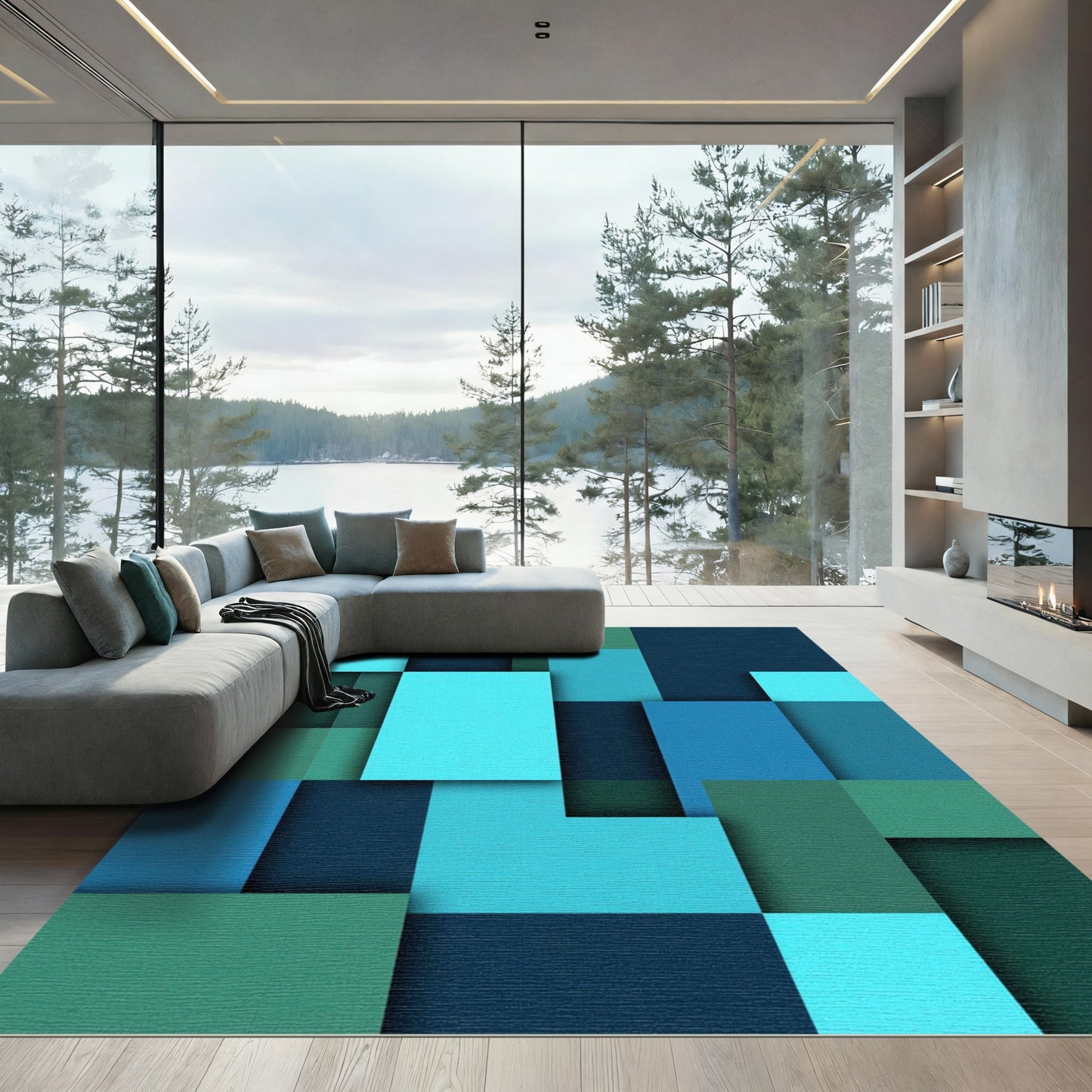 Modern Abstract Teal Geometric Block Composition Rug